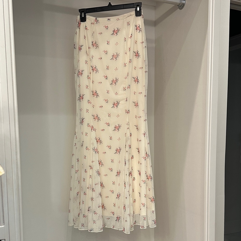 Pink Lily Cream Maxi Skirt with Pink Floral Print